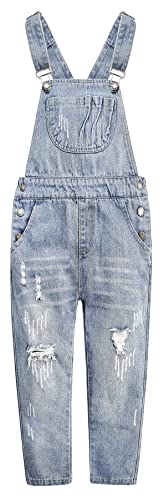 KIDSCOOL SPACE Mädchen-Denim-Latzhose,Little Big Kid Zerrissene Jeans-Arbeitskleidung,Hellgrau,8-9 Jahre von KIDSCOOL SPACE