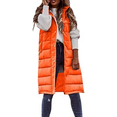 KIMODO Lang Jacke Weste Damen, Daunenweste mit Kapuze Winter Warm Longweste Ärmellose Lange Steppweste Leicht Winterjacke Winterweste Daunenmantel Daunenjacke Outdoor Puffer Jacke (E-Orange，L) von KIMODO