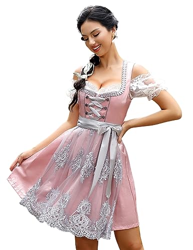 KOJOOIN Damen Dirndl 3tlg. Midi Kurz Trachtenkleid mit DREI Teilig:Dirndl Kleid,Dirndlschürze,Dirndlbluse für Oktoberfest Pink(3tlg.) 38 von KOJOOIN