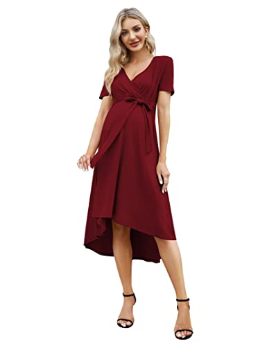 KOJOOIN Damen Umstandskleid Festlich Stillkleid V-Ausschnitt Kurzarm Schwangerschaftskleid mit Taillengürtel Sommer Weinrot(Kurzarm) XL von KOJOOIN