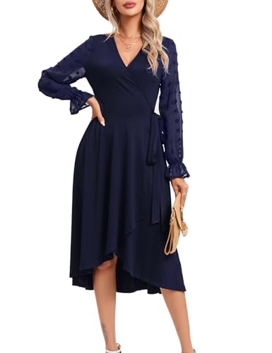 KOJOOIN Damen Wickelkleid Tüll Langarm Tunika Kleid V-Ausschnitt Skaterkleid Midikleid Casual Swing Kleid Knielanges Partykleid mit Gürtel（Verpackung MEHRWEG）,Blau, L von KOJOOIN