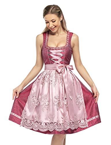 KOJOOIN Dirndl Damen 2tlg.Trachtenkleid Mid Dirndl Kurz mit Spitzenschürze für Oktoberfest Rosa(High-End) 42 von KOJOOIN