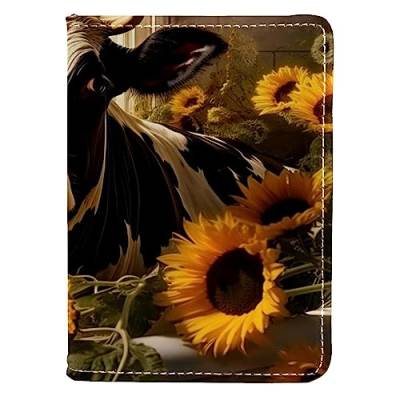 Reisepasshülle Brieftasche PU-Leder Kartenetui Reisezubehör für Damen Herren,Bauernhoftier, das Kuh und Sonnenblume im Herbst badet von KQNZT