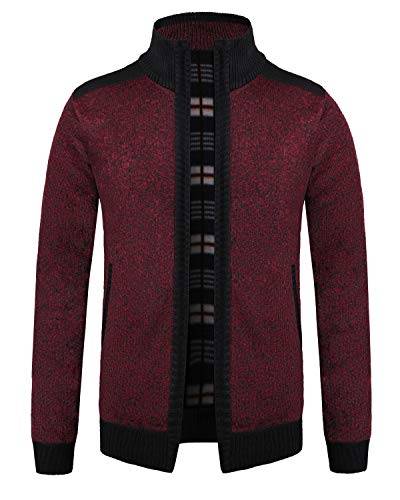 KTWOLEN Herren Strickjacke Cardigan Feinstrick Mit Stehkragen Und Reißverschluss Fleece-gefüttert Wintermantel Sweatjacke Langarm Winterjacke, A-Rot, XL von KTWOLEN