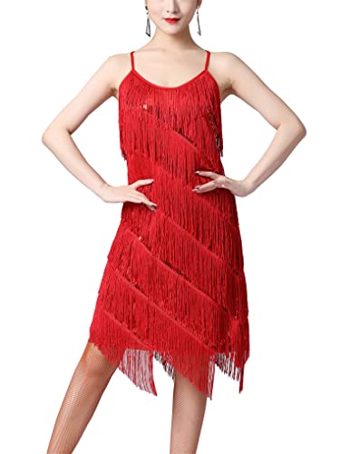 Kaerm Damen Pailletten Fransenkleid ärmellos Latein Quaste Tanzkleid Samba Tango Kostüm Glitzer Partykleid Fasching Karneval Performance Bekleidung Festlich Rot 3XL von Kaerm