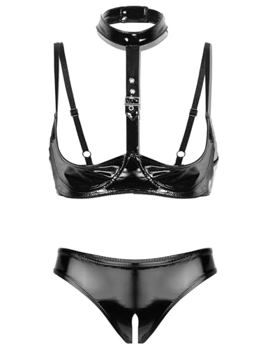 Kaerm Damen Wetlook Ouvert Dessous Set Lack Leder Hebe BH Offene Brüste Cups Push Up High Cut Thong Bikini Hose String Sexy Offen Reizwäsche Schwarz B M von Kaerm