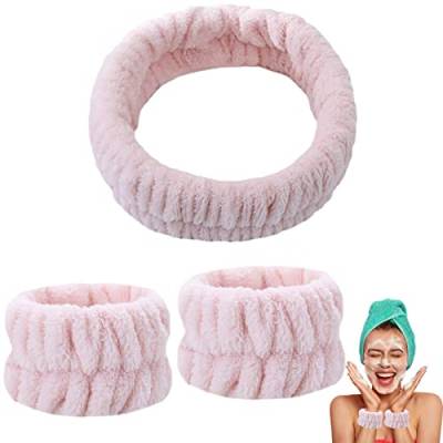 Handgelenk Spa Waschband, Haarband Elastisches Mit Handgelenk Schweißband Set, Mikrofaser Handgelenk Waschen Handtuch Band Armbänder, Spa Gesichts Stirnband Für Frauen Mädchen Makeup, Rosa von Kasmole