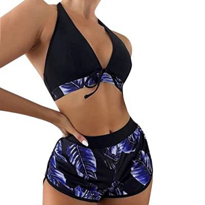 3-Teilig, Damen Bikini Set Badeanzug Neckholder Asymmetrisches Sexy BH Damen Bademode Strandbikini Bikinihose Bikinioberteil Vorne Kreuz mit Shorts Hosen Kurz Kurze Sportshorts, Cooles (Purple #2, XL) von Kielsjajd