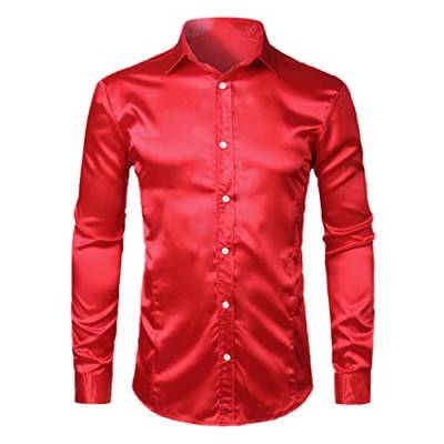 Herren Slim Fit Seidenhemd Männer Satin Glatt Smoking Männer Hemden Business Hochzeit Prom Männer Hemden Casual Herrenhemd, rot, Groß von Kiioouu