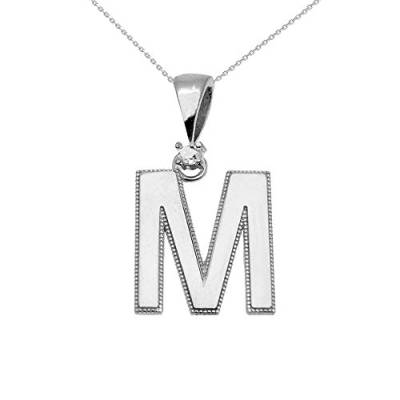 Damen Anhänger Halskette 14 Karat Weißgold Hochglanz Milgrain Solitär Diamant "M" Buchstabe (Kommt mit einem 45cm Kette) von Kleine Schätze