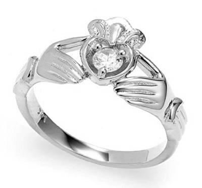 Damen Ring/Verlobungsring 9 Karat Weißgold Diamant Claddagh Krone And Herz Ring von Kleine Schätze