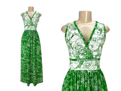 Maxi Kleid Shady Lane Jonathan Logan Vintage 1970Er Hostess Gown Grün Blumen Jersey Strick Empire Taille Surplice Wrap Größe S von KokeshiVintageShop