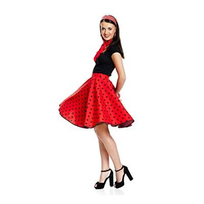 Kostümplanet® 50er Jahre Rock-n Roll Rock Damen Kostüm Rockabilly Stil Mode Outfit rot schwarz Gepunkteter Tellerrock Polka-dot Knielang mit Halstuch von Kostümplanet