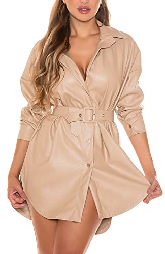 Koucla Kunstleder Blusen Kleid Long Bluse mit Gürtel One Size (Einheitsgröße), Beige von Koucla