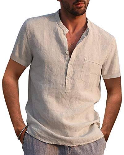 Kvruhuiy Baumwolle Leinenhemd Herren Sommer Strand Kurzarm Hemd Kurzarm Freizeithemd Casual Yoga Tops Khaki L von Kvruhuiy