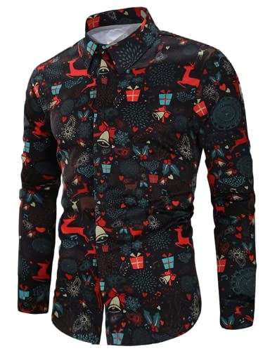 Kvruhuiy Freizeithemden für Herren Lustige Gedruckte Weihnachtshemden Casual Button Down Langarmshirts Schwarz 3XL von Kvruhuiy