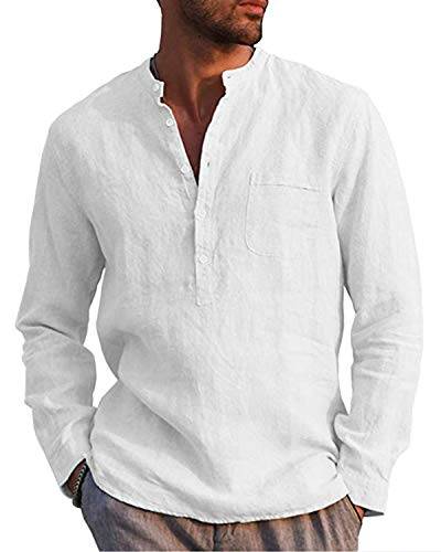Kvruhuiy Herren Baumwolle Leinenhemd Herren Sommer Strand Hemd Freizeithemd Men'Casual Shirts Weiß 3XL von Kvruhuiy