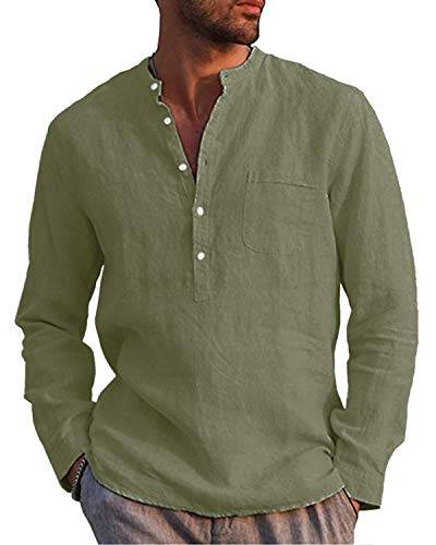 Kvruhuiy Herren Baumwollehemden Leinenhemd Langarm Freizeithemd Casual Shirts Sommerhemd Armeegrün 3XL von Kvruhuiy