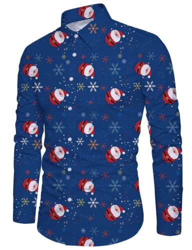 Kvruhuiy Herren Christmas Hemd Weihnachtshemd Button Up Freizeithemd Langarm Casual Christmas Print Shirt Dunkelblau 3XL von Kvruhuiy