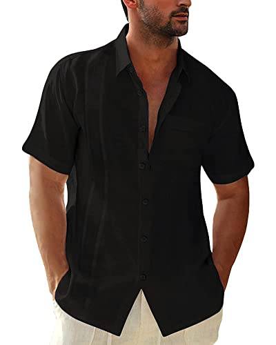 Kvruhuiy Herren Hemden Leinen Kurzarm Summerhemden Basic Button Down Hemd Casual Beach Shirts Schwarz XXL von Kvruhuiy