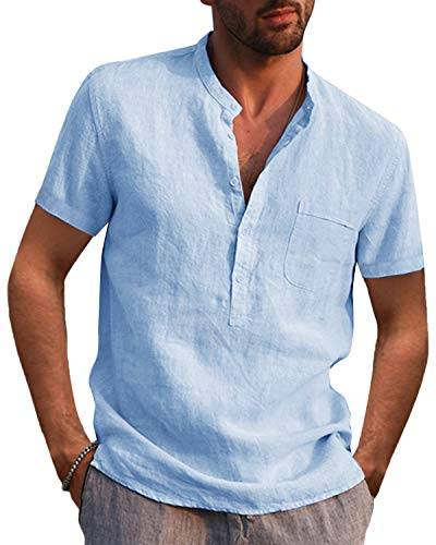 Kvruhuiy Herren Kurz Ärmel Sommer Shirt Männer Baumwolle Hemd Button Tops Hemden Freizeithemden Himmelblau L von Kvruhuiy