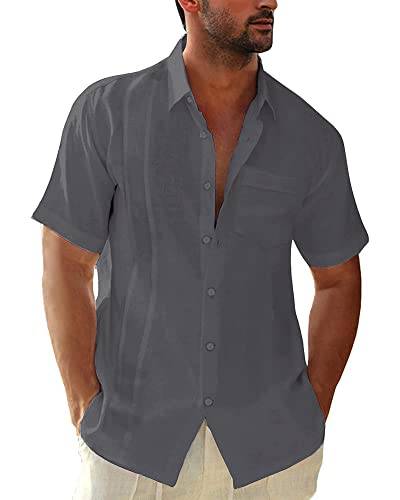 Kvruhuiy Herren Kurzarm Freizeithemd Leinenhemd Hemd Regular Fit Summer Beach Button Shirt Dunkelgrau 3XL von Kvruhuiy