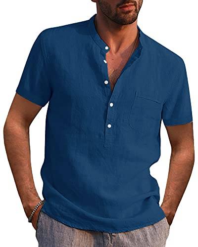 Kvruhuiy Herren Kurzarm Leinenhemd Baumwollehemd Freizeithemden Baumwollehemd Lässige Sommer Strand Hemden Blau L von Kvruhuiy