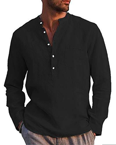 Kvruhuiy Herren Leinen Baumwolle Henley Shirt Casual Roll-up Langarm Yoga Tops T-Shirts Schwarz XL von Kvruhuiy