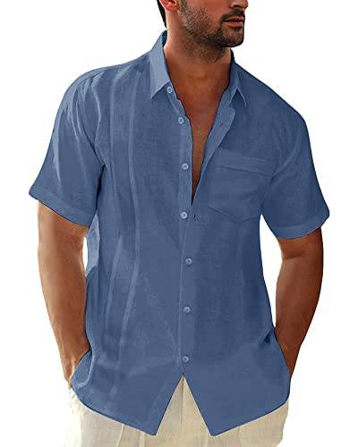Kvruhuiy Herren Leinenhemd Baumwolle Hemd Sommer Kurzarm Freizeithemd Mens Casual Solid Shirts Meerblau 3XL von Kvruhuiy