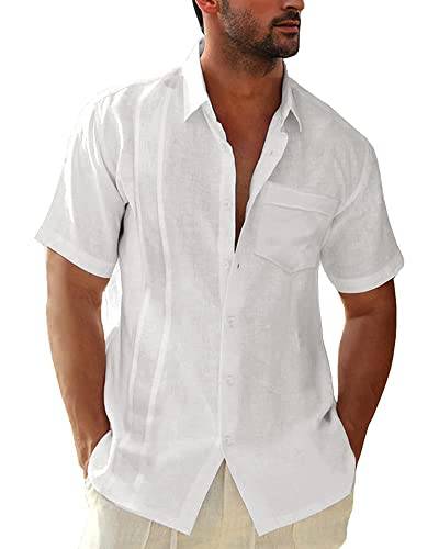 Kvruhuiy Herren Leinenhemd Baumwolle Sommerhemd Kurzarm Freizeithemd Men's Casual Shirts Beach Tops Weiß 3XL von Kvruhuiy