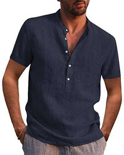 Kvruhuiy Herren Leinenhemd Kurzarm Men's Casual Henley Shirt Freizeithemden Baumwollehemd Summer Beach Tops Marine XL von Kvruhuiy
