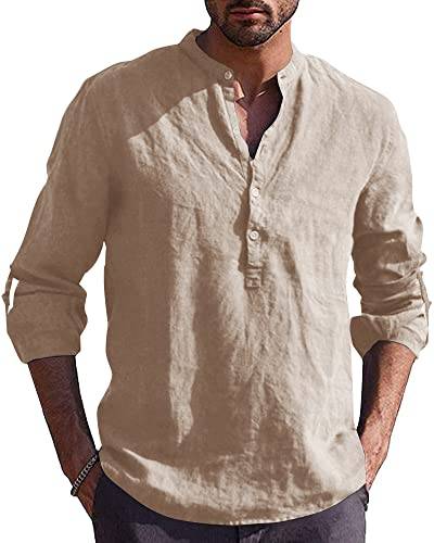 Kvruhuiy Herren Leinenhemd Langarm Baumwolle Hemd Regular Fit Sommer Freizeithemd Casual Shirts Khaki 3XL von Kvruhuiy