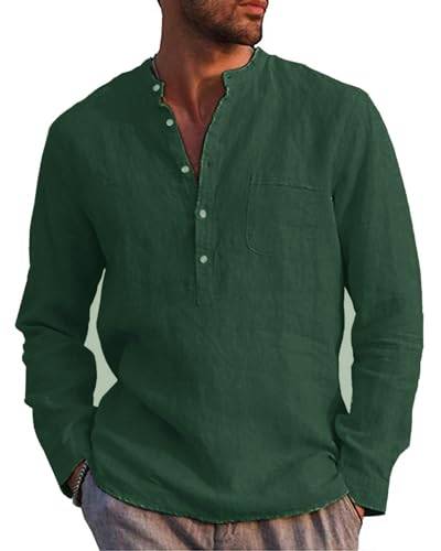 Kvruhuiy Leinen Freizeithemd Herren Hemden Henley Shirts Läng Ärmel Casual Summer Beach Shirts Grün 3XL von Kvruhuiy