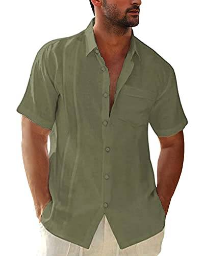 Kvruhuiy Leinen Hemden Herren Kurzarm Sommer Strandhemd Einfarbig Freizeithemd Shirts T-Shirt Armeegrün 3XL von Kvruhuiy