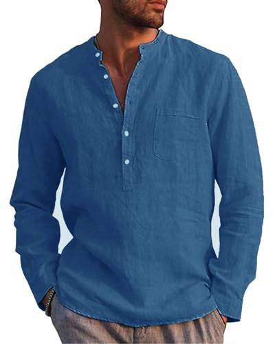 Kvruhuiy Leinenhemd Herren Baumwolle Sommerhemd Strandhemd Freizeithemd Men'Casual Henley Shirts Blau 3XL von Kvruhuiy