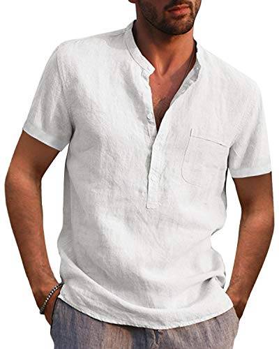 Kvruhuiy Leinenhemd Herren Casual Henley Shirt Herren Freizeithemden Kurzarm Hemd Baumwollehemd Tops Weiß 3XL von Kvruhuiy