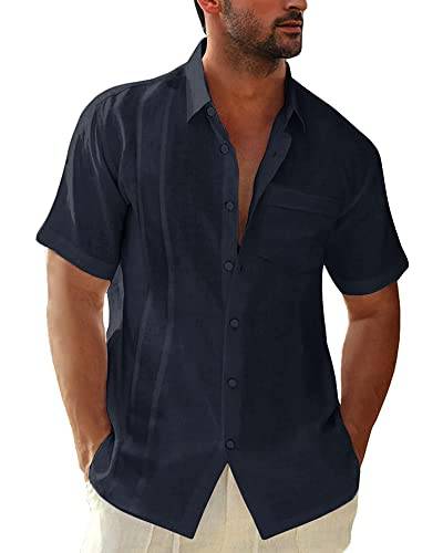 Kvruhuiy Leinenhemd Herren Freizeithemden Kurzarm Hemd Baumwollehemd Summer Button Down Shirts Marine 3XL von Kvruhuiy