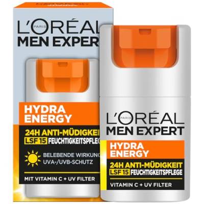 L'Oréal Men Expert Gesichtspflege mit LSF 15 für Männer, Belebende Feuchtigkeitscreme 24H Anti-Müdigkeit mit Sonnenschutz, Gesichtscreme für Herren mit Vitamin C und Proteinen, Hydra Energy, 1 x 50 ml von L'Oréal Men Expert