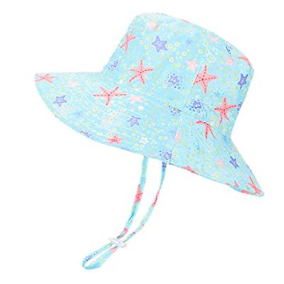 LACOFIA Baby Sonnenhut Kleinkind Mädchen Sommer Mütze UV Bademütze Verstellbarem Kinder Breiter Krempe Strand Cap mit Nackenschutz Hellblau Seestern 1-2 Jahre von LACOFIA