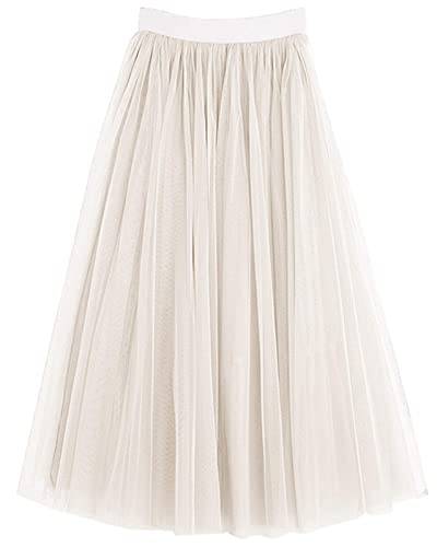 LBKKC Damen Midi Tüllrock Elastische Taille 3 Schichten Mesh Formale Prom Party Tutu Rock A Linie, Cream, L/XL von LBKKC