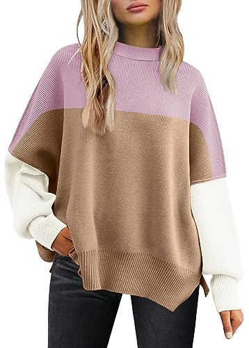 LILLUSORY Damen Rundhals Fledermaus Langarm Pullover 2023 Herbst Oversized Rippstrick Seitenschlitz Pullover Top, Colorblockpink, Mittel von LILLUSORY