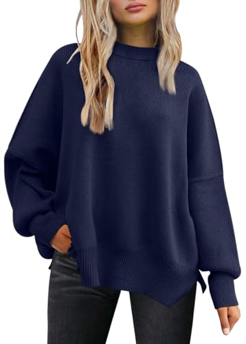 LILLUSORY Damen Rundhals Fledermaus Langarm Pullover 2023 Herbst Oversized Rippstrick Seitenschlitz Pullover Top, Marineblau, Mittel von LILLUSORY