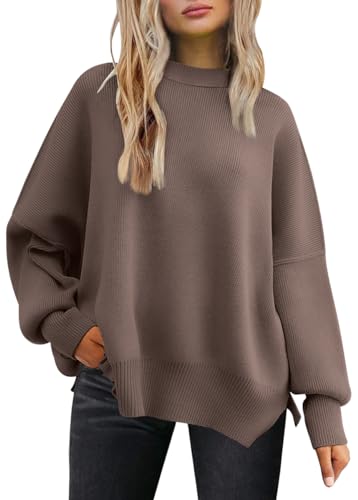 LILLUSORY Damen Rundhals Fledermaus Langarm Pullover 2023 Herbst Oversized Rippstrick Seitenschlitz Pullover Top, Muskatnuss, X-Klein von LILLUSORY