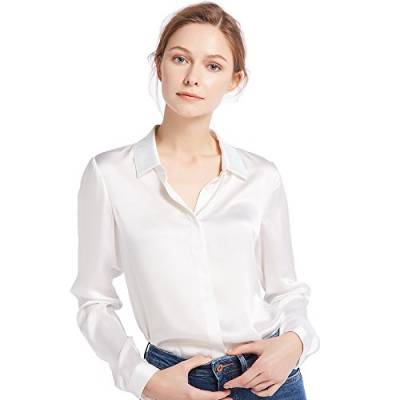 LilySilk Damen Hemdbluse Seide Sommerliche Damenbluse Shirt mit verdeckter Knopfleiste von Vintage Oberteile (Brillantweiß, M) Verpackung MEHRWEG von LilySilk