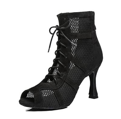 LITNERMIA Damen Knöchel Tanzstiefel Party Performance Ballsaal Schnürschuh Mesh Latein Tanzen Peep Toe Schuhe, Al446a Schwarz 9 cm Absatz, 39 EU von LITNERMIA