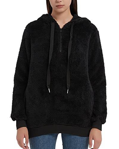 LIVACASA Sweatshirt Damen Winter Warm Hoodie Weich Mädchen Oversized Teddy Fleece Pullover Mit Kaputze Flauschig Winterpullover Sweater Langarm Pulli mit 2 Tasche Schwarz XL von LIVACASA