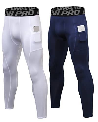 LNJLVI Kompressionshose Herren Sport Leggings Atmungsaktive Trainingshose für Jogging Fitnessstudio Laufen (Navy-Weiß,XL) von LNJLVI