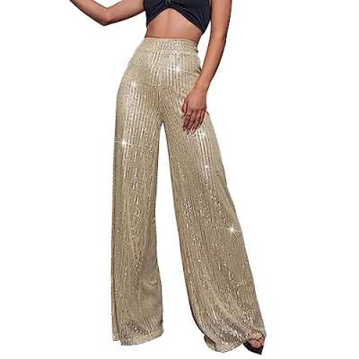 Wide Leg Hose Damen Pailletten Glitzer Funky High Waist Hose Damen Hippie Hose Glänzend Breite Hosen Sequin Slim Palazzohose Locker Freizeithose Temperament Weites Bein Pants Gerade Hosen von LOIJMK