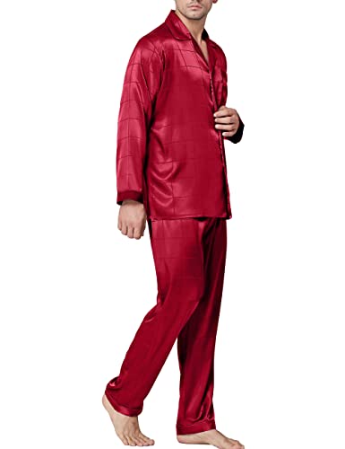 Lonxu Pyjama-Set Herren Seide Satin Pyjama Langarm Loungewear Zweiteilige Nachtwäsche Button-Down Pyjama-Set S-XXXXL, Rotes Karomuster, 4X-Large von LONXU