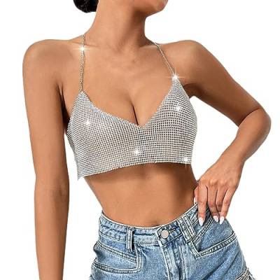 Pailletten Top Damen Silber,Crop Tops Damen Sexy,Glitzer Metallic Top Damen Neckholder Spaghetti Tank Top Sparkle Trägertop V Ausschnitt Oberteile Tanktops Frauen Party Club Camisole Vest Shirt von LOSSLO